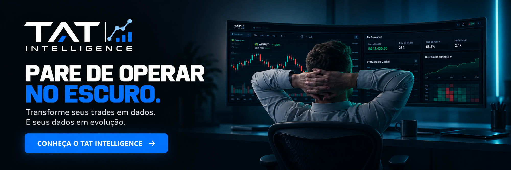 TAT Intelligence. Pare de operar no escuro. Transforme seus trades em dados e seus dados em evolução. Conheça o TAT Intelligence.